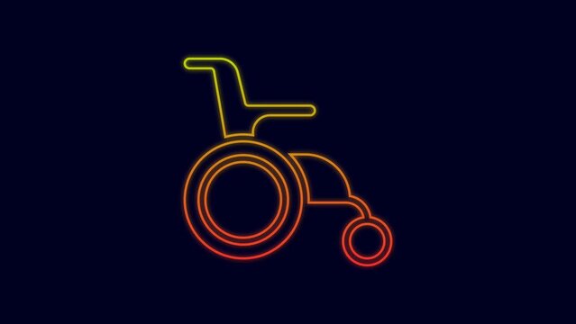 Glowing neon line Wheelchair for disabled person icon isolated on blue background. 4K Video motion graphic animation