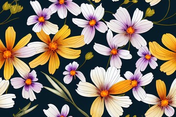 Cosmos, coreopsis, bells, lavender, and green leaves on branches make up this floral seamless design. Watercolor textile or wallpaper design with an emphasis on detail. Generative AI