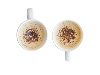 Two white coffee cup on white background at soft natural light. Top view isolated with transparency