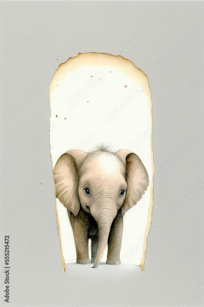 Poster a painting of an elephant standing in front of a slice of bread with its trunk sticking out of it., 