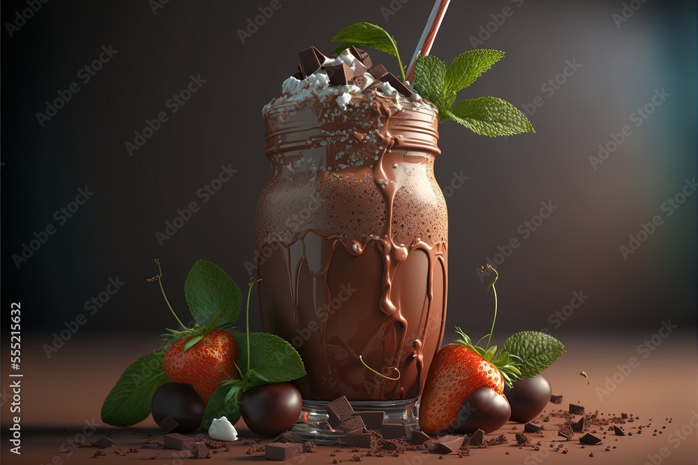 Poster a chocolate milkshake with strawberries and mints on a table with a chocolate background and a straw