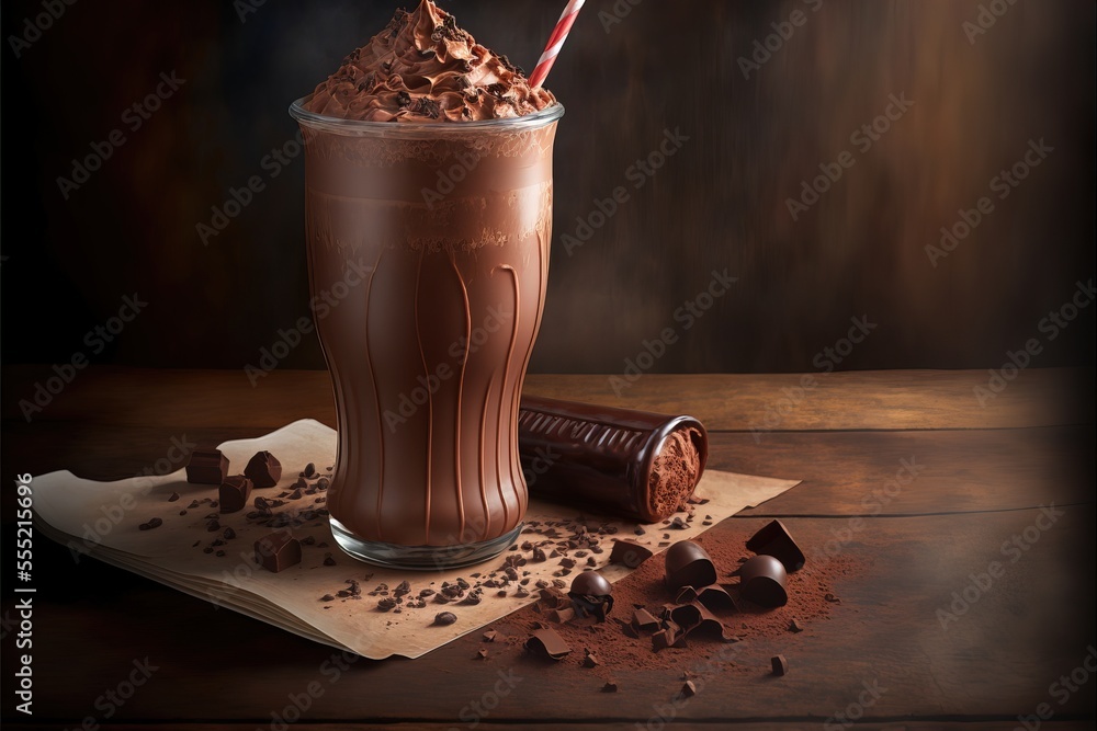 Aufkleber a chocolate drink with a straw in it and chocolate chips scattered around it on a wooden table with 