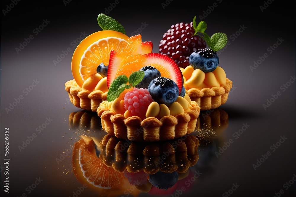 Poster a fruit tart with a slice of orange and berries on top of it., generative ai