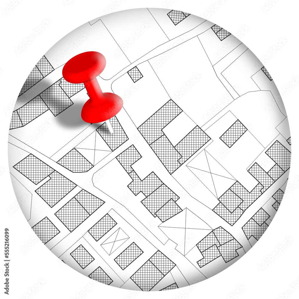 Poster imaginary cadastral map of territory with buildings, roads and land parcel - concept image with a re