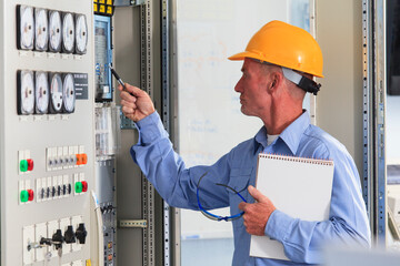 Electrical engineer inspecting power plant controls in central operations room of power plant