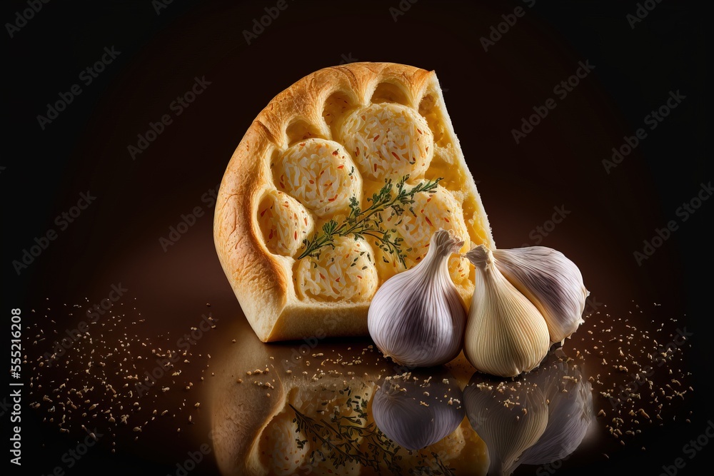 Poster a garlic bread with garlic and garlic on a black background with a reflection of garlic and garlic o