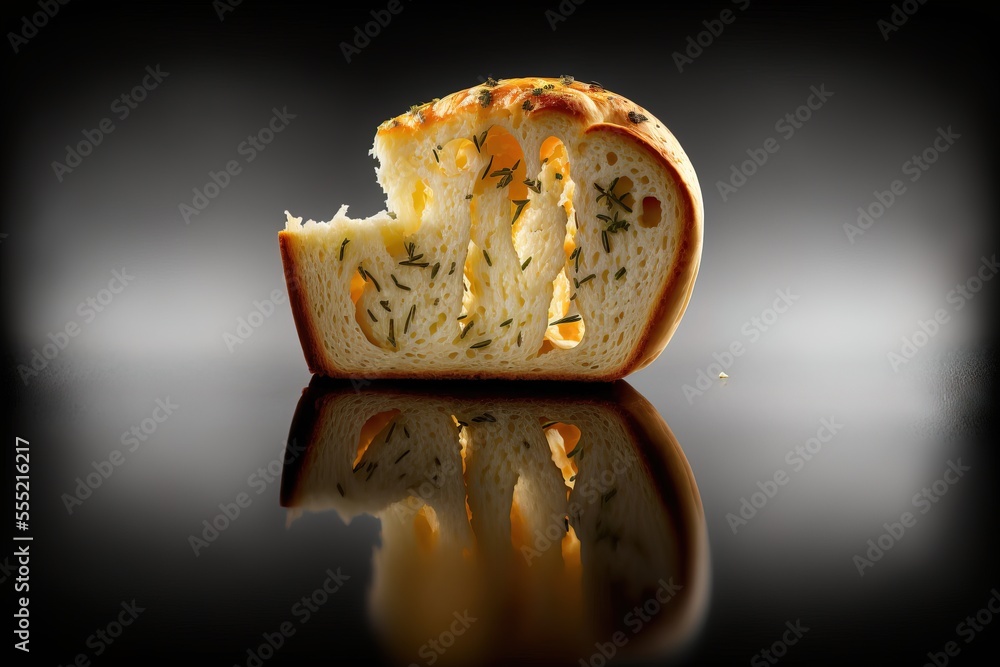 Poster a piece of bread with a bite taken out of it on a reflective surface with a reflection of the bread.