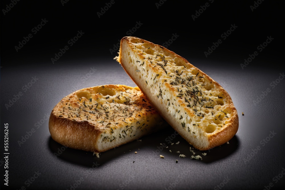 Poster two pieces of bread with a black background and a few pieces of bread with a sprinkled crust., gener