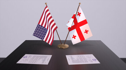 Georgia and USA at negotiating table. Business and politics 3D illustration. National flags, diplomacy deal. International agreement