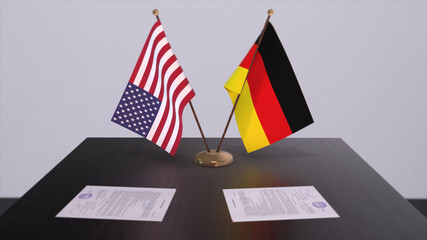 Germany and USA at negotiating table. Business and politics 3D illustration. National flags, diplomacy deal. International agreement