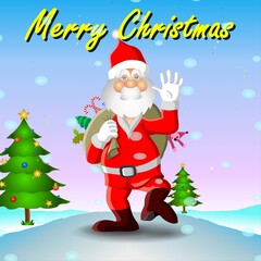 Santa Claus coming with lots of gift - Christmas Tree - Snow falling