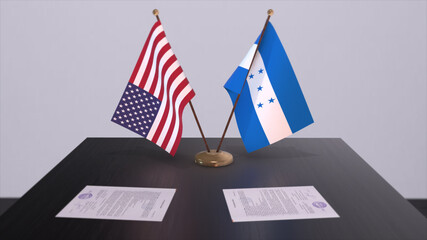 Honduras and USA at negotiating table. Business and politics 3D illustration. National flags, diplomacy deal. International agreement