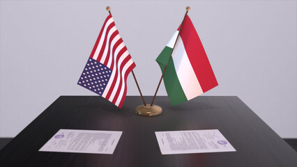 Hungary and USA at negotiating table. Business and politics 3D illustration. National flags, diplomacy deal. International agreement