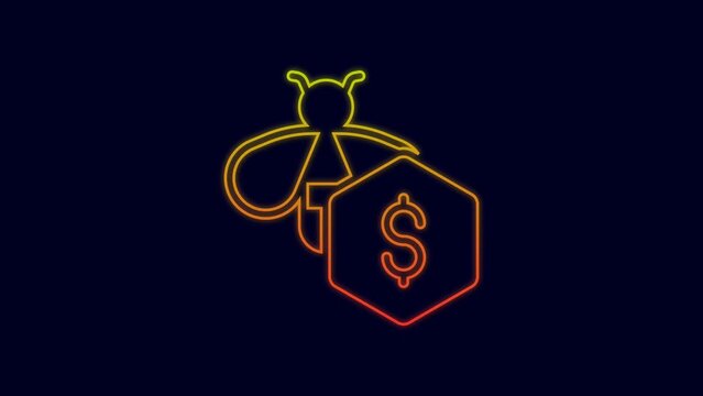 Glowing neon line Sale of bees icon isolated on blue background. Sweet natural food. Honeybee or apis with wings symbol. Flying insect. 4K Video motion graphic animation