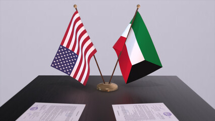 Kuwait and USA at negotiating table. Business and politics 3D illustration. National flags, diplomacy deal. International agreement