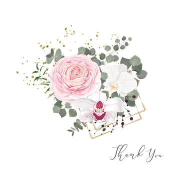 Vector flower card Thank you. Pink rose, ranunculus, white and pink orchids, eucalyptus, sequins and gold geometric shapes 