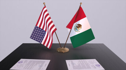 Mexico and USA at negotiating table. Business and politics 3D illustration. National flags, diplomacy deal. International agreement