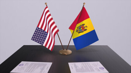 Moldova and USA at negotiating table. Business and politics 3D illustration. National flags, diplomacy deal. International agreement