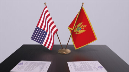 Montenegro and USA at negotiating table. Business and politics 3D illustration. National flags, diplomacy deal. International agreement