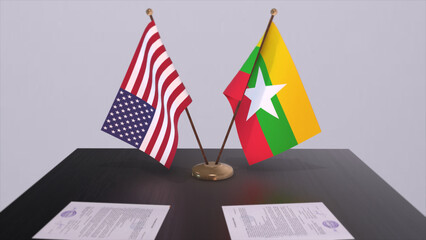 Myanmar and USA at negotiating table. Business and politics 3D illustration. National flags, diplomacy deal. International agreement