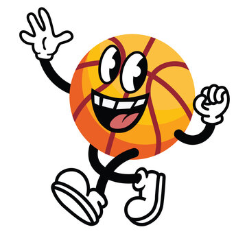 1930's style cartoon walking and smiling basketball ball mascot against the purple background