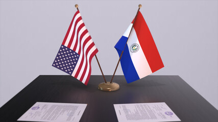 Paraguay and USA at negotiating table. Business and politics 3D illustration. National flags, diplomacy deal. International agreement