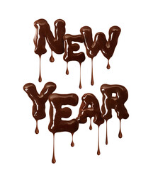Inscription New Year is made of melted chocolate isolated on white background