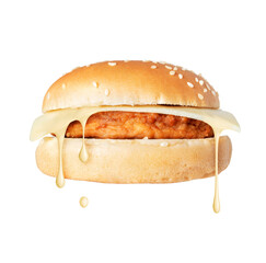 Melted cheese flowing from a cheeseburger close-up isolated on a white background