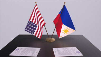 Philippines and USA at negotiating table. Business and politics 3D illustration. National flags, diplomacy deal. International agreement