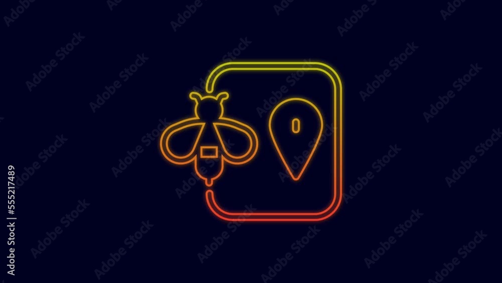 Poster glowing neon line bee location map pin pointer icon isolated on blue background. farm animal map poi