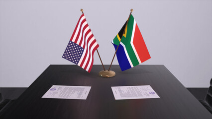 South Africa and USA at negotiating table. Business and politics 3D illustration. National flags, diplomacy deal. International agreement