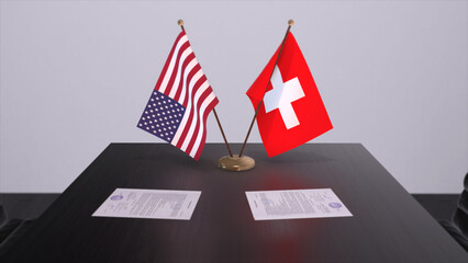 Switzerland and USA at negotiating table. Business and politics 3D illustration. National flags, diplomacy deal. International agreement