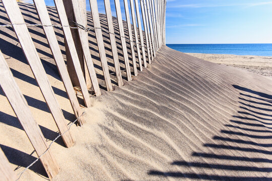 Sand fence on Fred Benson Town Beach, Block Island, Rhode Island, USA