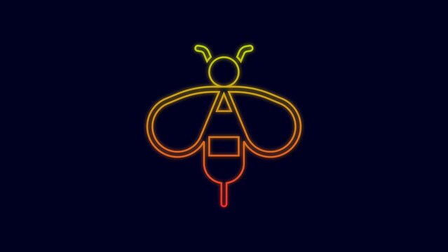 Glowing neon line Bee icon isolated on blue background. Sweet natural food. Honeybee or apis with wings symbol. Flying insect. 4K Video motion graphic animation
