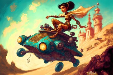 Arab girl on a flying car in desert