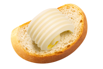 Bread baguette slice with butter curl atop, isolated, top view png