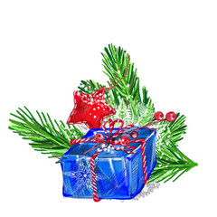 Christmas drawing. Festive New Year's card. Christmas, retro, pencil drawing. Colorful illustration. Gift box and Christmas tree