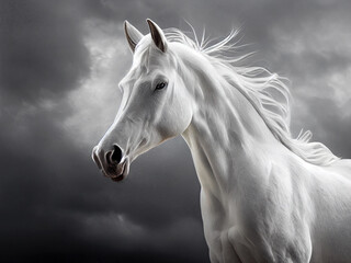 Obraz na płótnie Canvas Beautiful white horse on sky background.