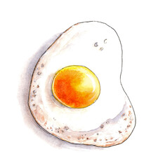 Fried egg on a white background. Watercolor illustration isolated on white background.