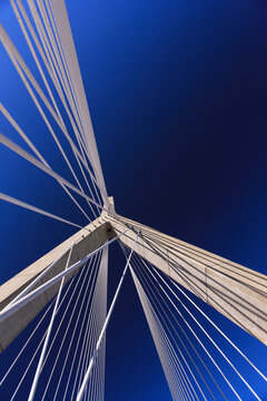 Detail of the cabling and tower on the bridge, Leonard P. Zakim Bunker Hill Memorial Bridge, Boston, Massachusetts, USA