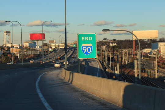End of Mass Turnpike (Rt 90) in East Boston, Massachusetts, USA
