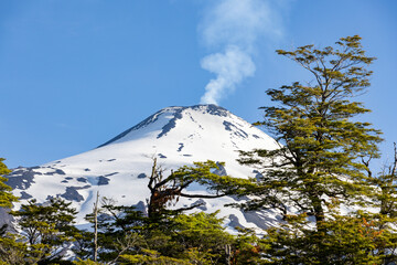Villarrica volcano with a big column of smoke; Pucon, Chile 