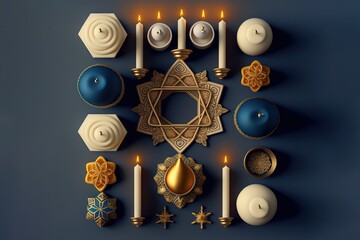 Candles with ornaments flat lay, symbolizing jewish holiday Hanukkah concept.