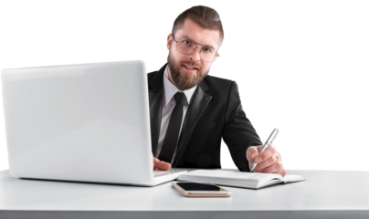Businessman working on via laptop computer making research for planning startup