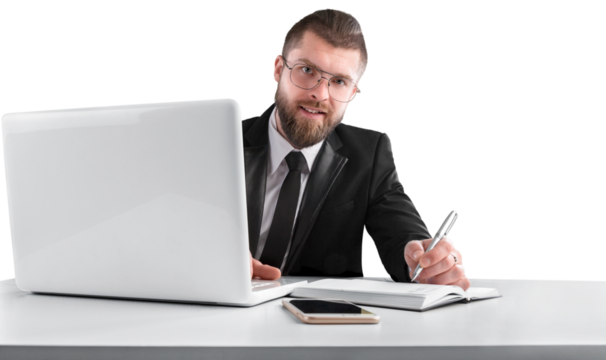 Businessman working on via laptop computer making research for planning startup