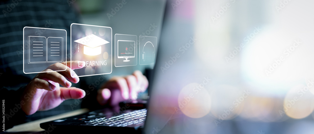 Poster Concept of Online education. man use Online education training and e-learning webinar on internet for personal development and professional qualifications. Digital courses to develop new skills...