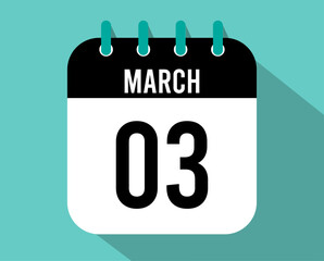 3 March calendar icon. Vector black for the month of March with shadow effect