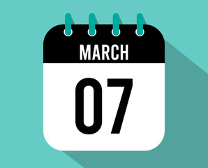 7 March calendar icon. Vector black for the month of March with shadow effect