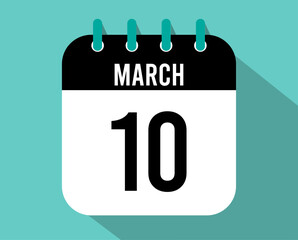 10 March calendar icon. Vector black for the month of March with shadow effect