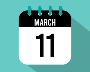 11 March calendar icon. Vector black for the month of March with shadow effect